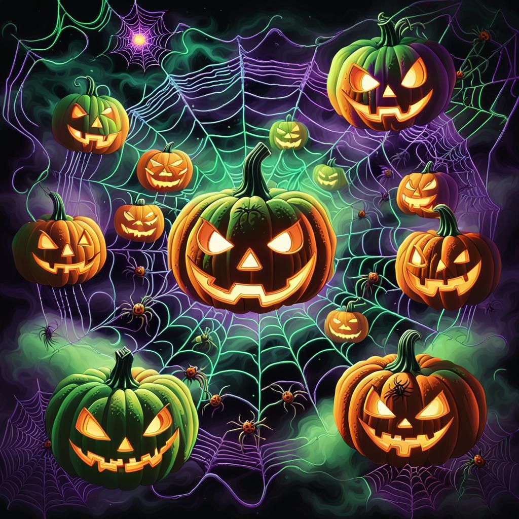 Neon Surrealist Halloween Scene with Glowing Jack-o-Lanterns