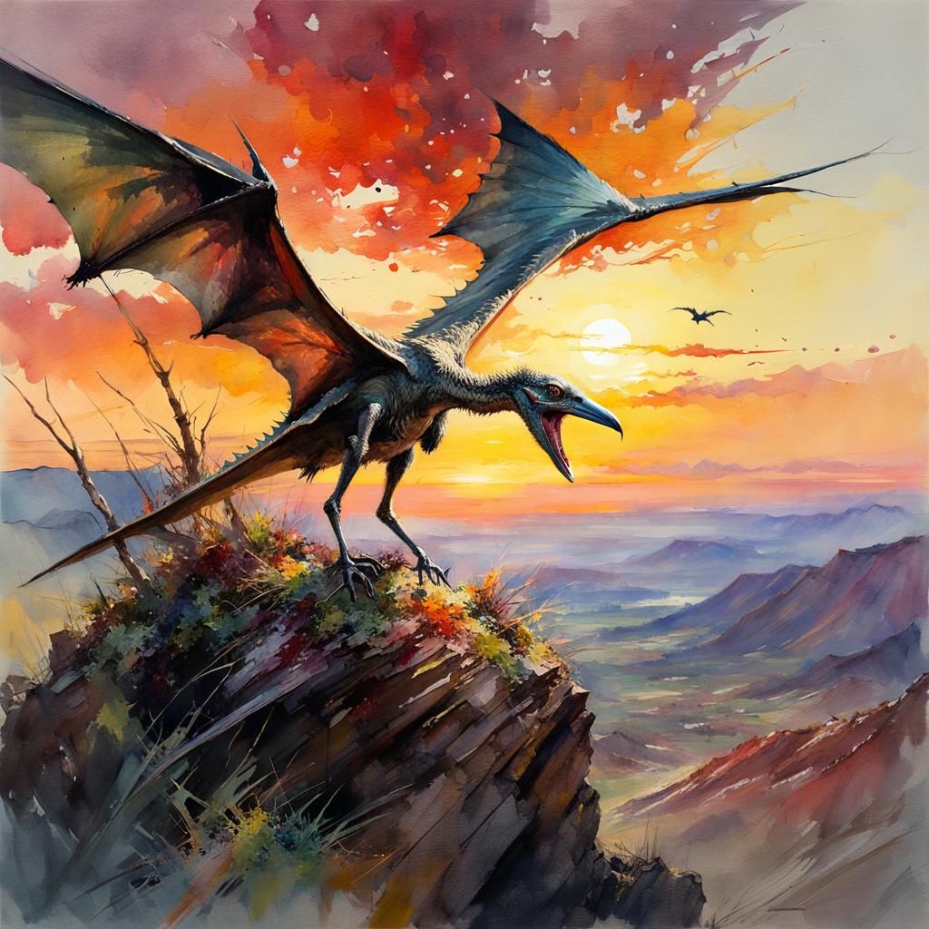 Pterodactyl Sunset: Detailed Watercolor Painting