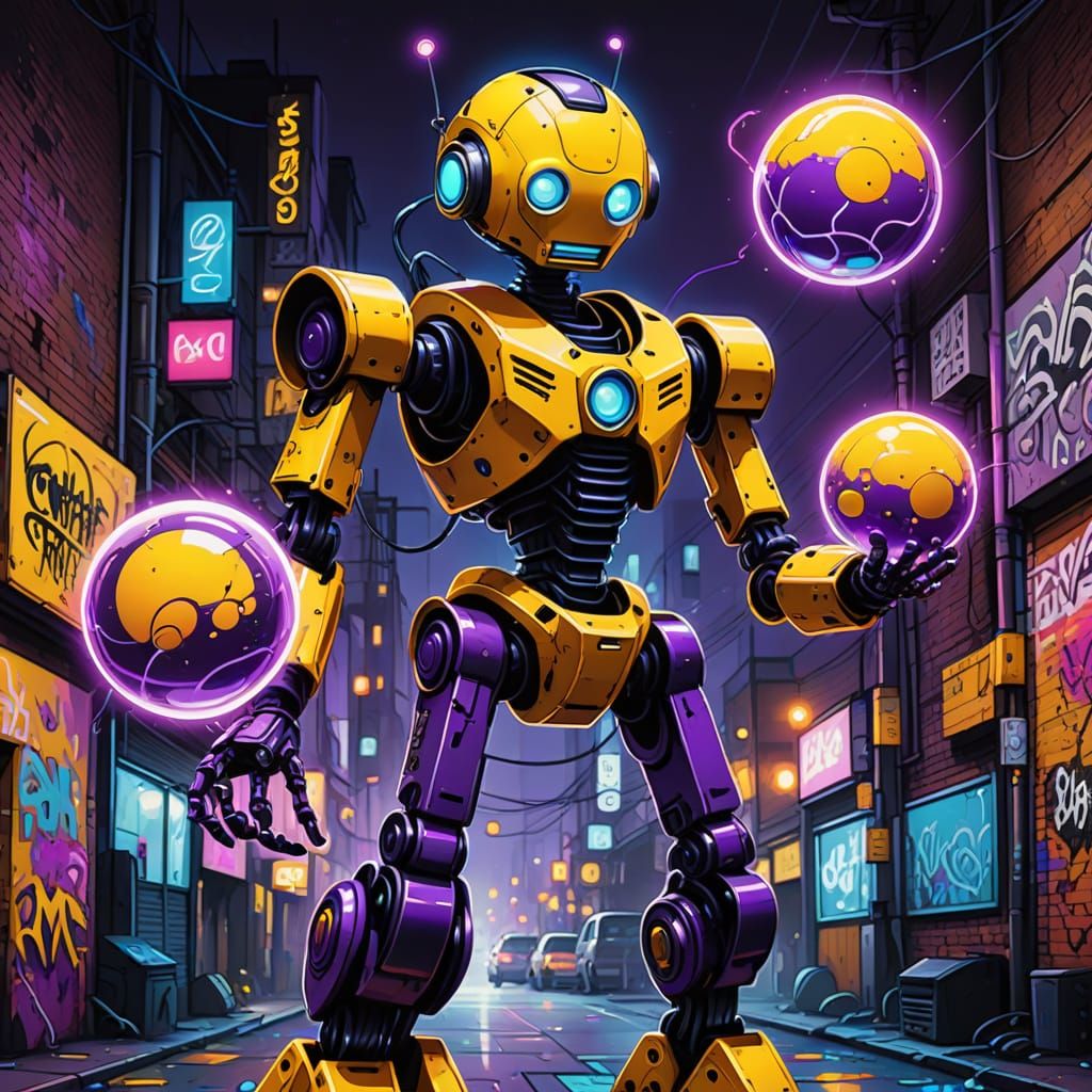 Robot Juggler on Stilts: Neon Graffiti Art