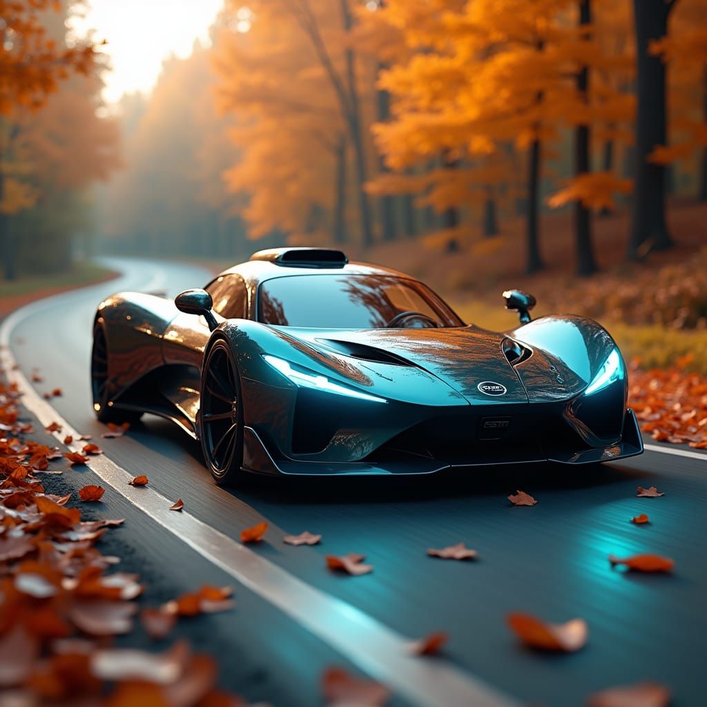 Futuristic Sports Car on Autumn Road, Cyberpunk Art