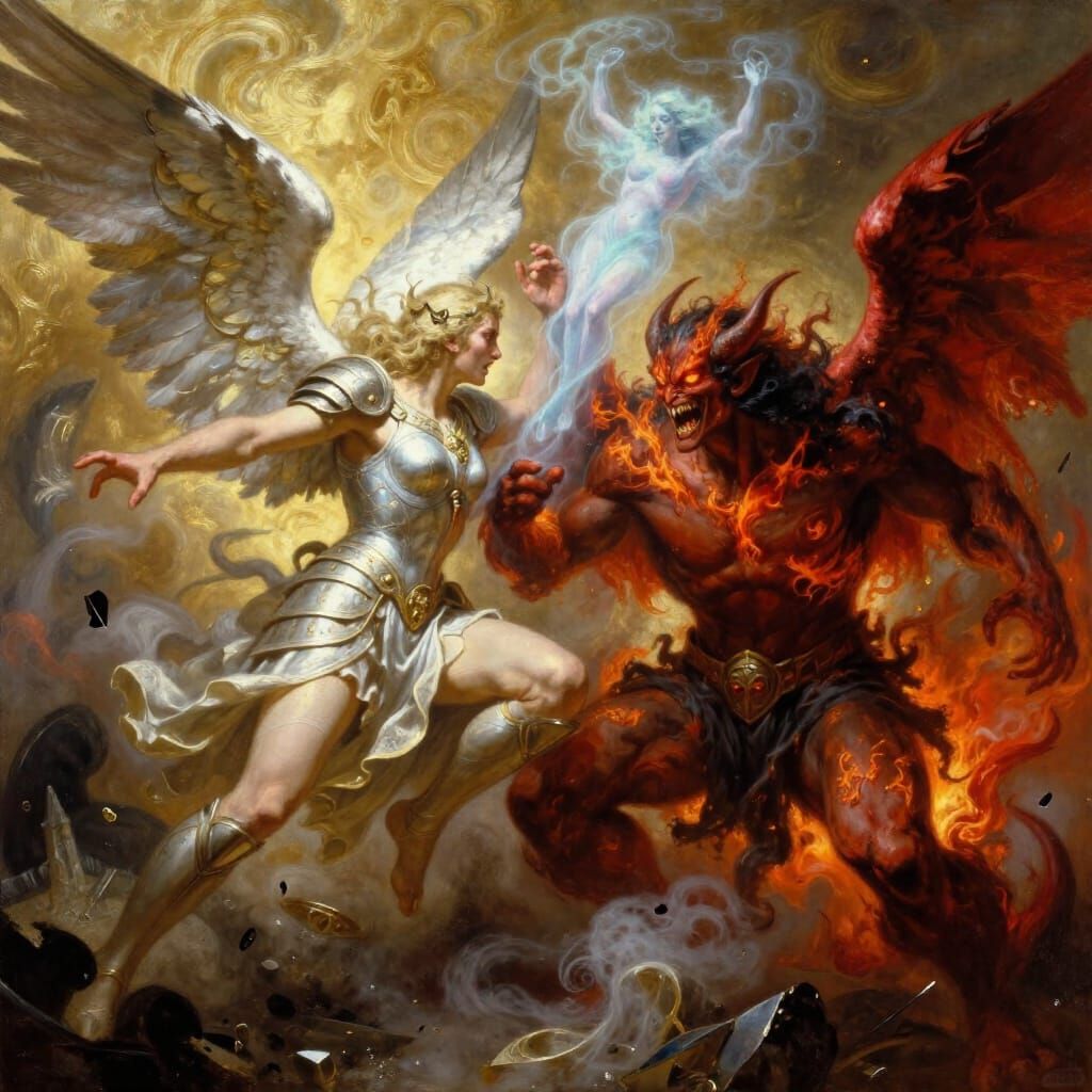 Angel vs Demon Battle for Lost Soul in Dramatic Fantasy Art