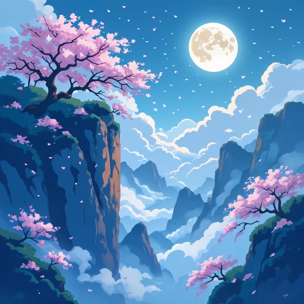 Cherry Blossom Cliffs Under Moonlight