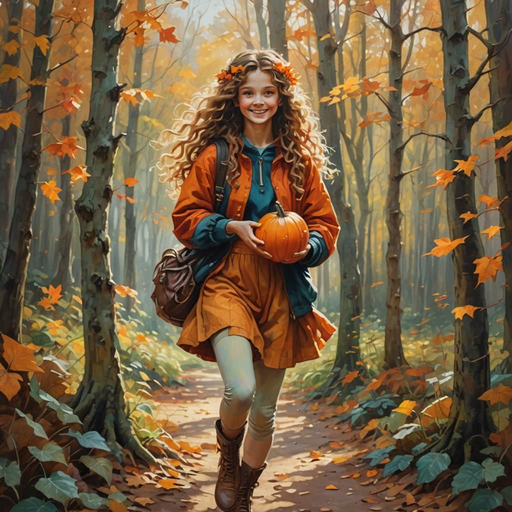 Youthful Damsel with Pumpkin: Oil Painting in Autumnal Light