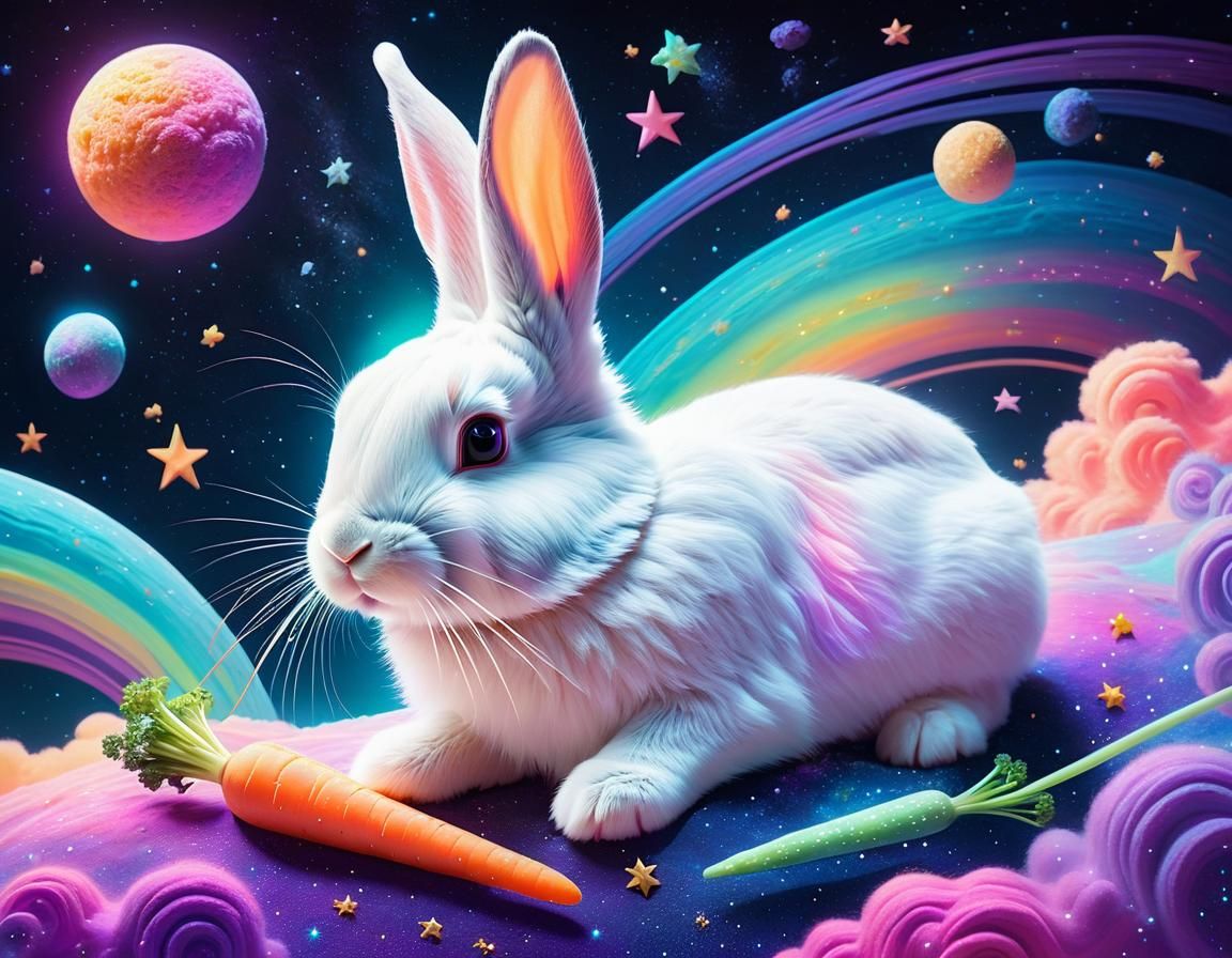 Cosmic Bunny Eating Carrots in Space Art
