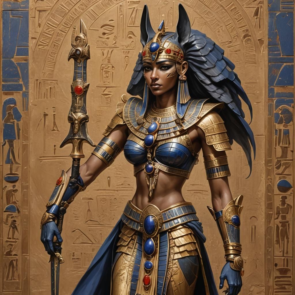 Ancient Egyptian Fantasy Warrior in Golden Armor and Anubis....