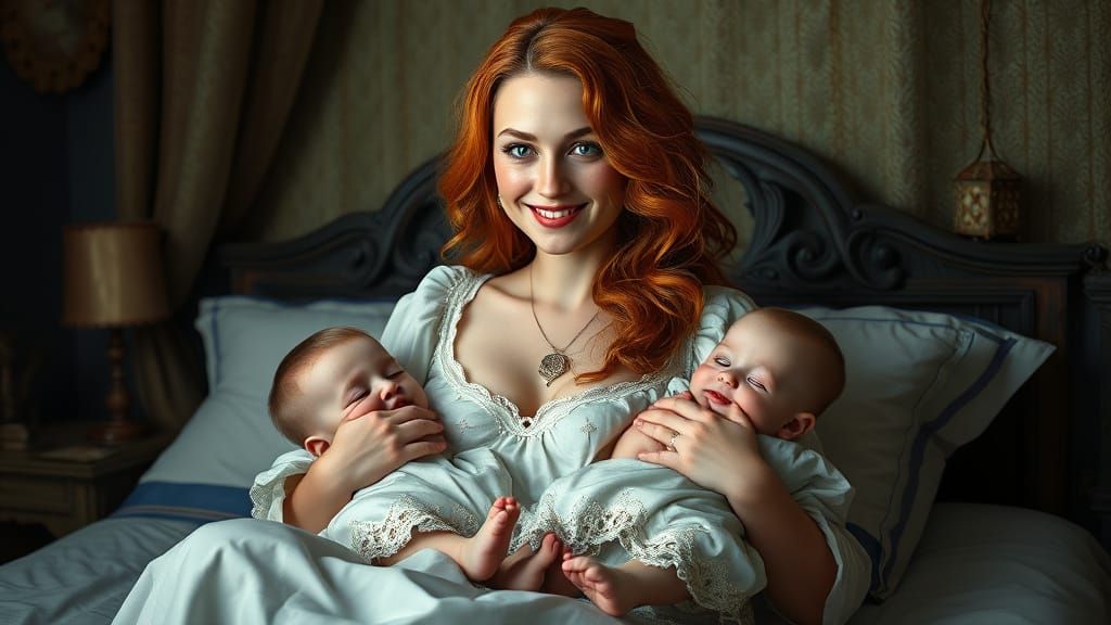 Medieval Fantasy Mother of Twins in Dreamy Bedroom Scene