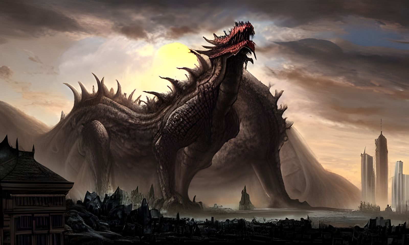 Dragon Nesting Atop Ruined City: Horror Painting