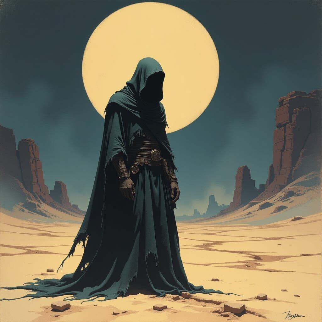 Dark Surrealism: A Lone Figure in Desolate Landscape