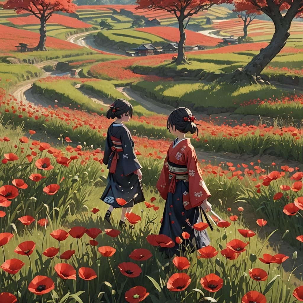 Woman in Poppies Field: Vibrant 3D Anime Art