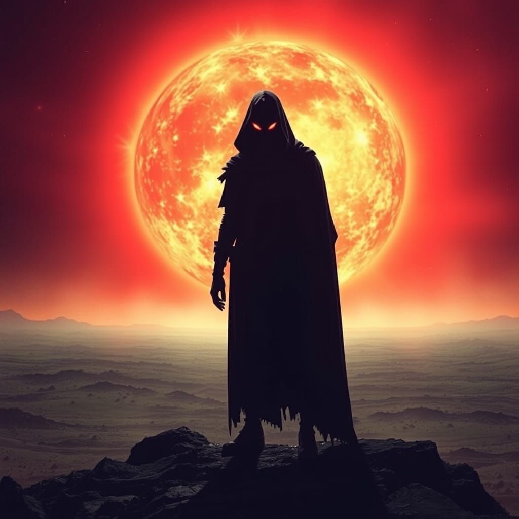 Cloaked Figure at Crimson Supernova: Cinematic Sci-Fi Noir