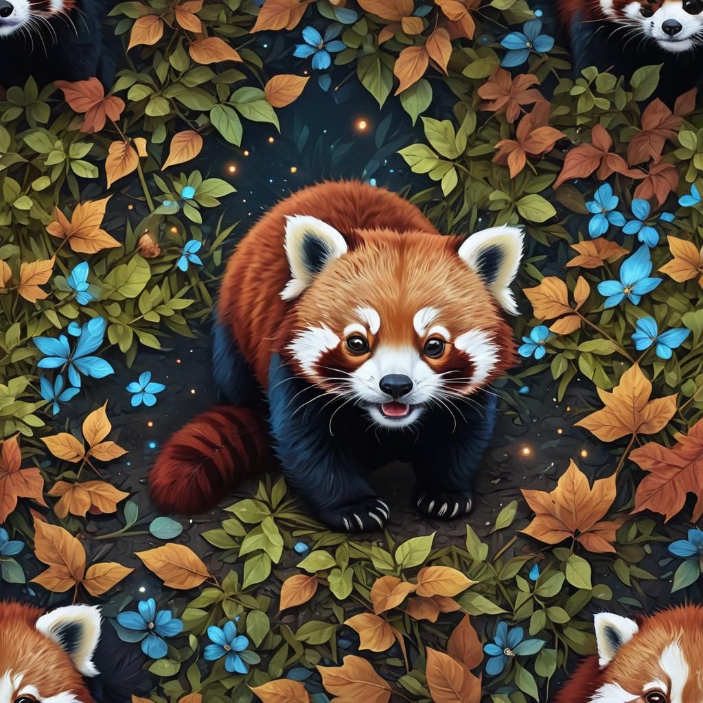 Hyper-Realistic Red Panda with Fireflies in Digital Art