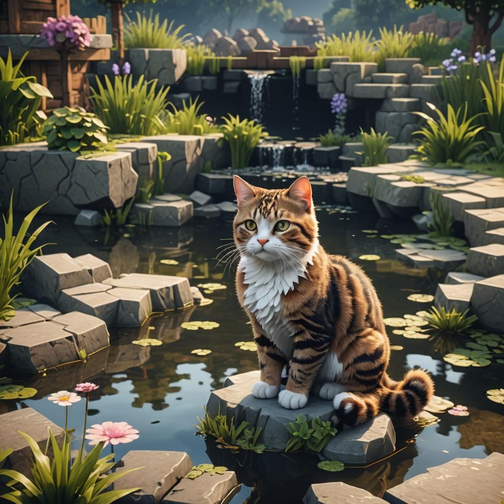 Cat by Pond in Minecraft Style 3D Render