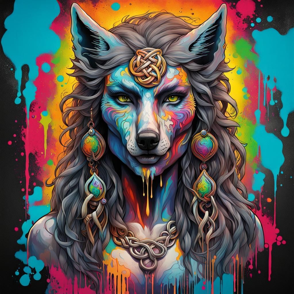 Celtic Werewolf Goddess in Graffiti Art Style