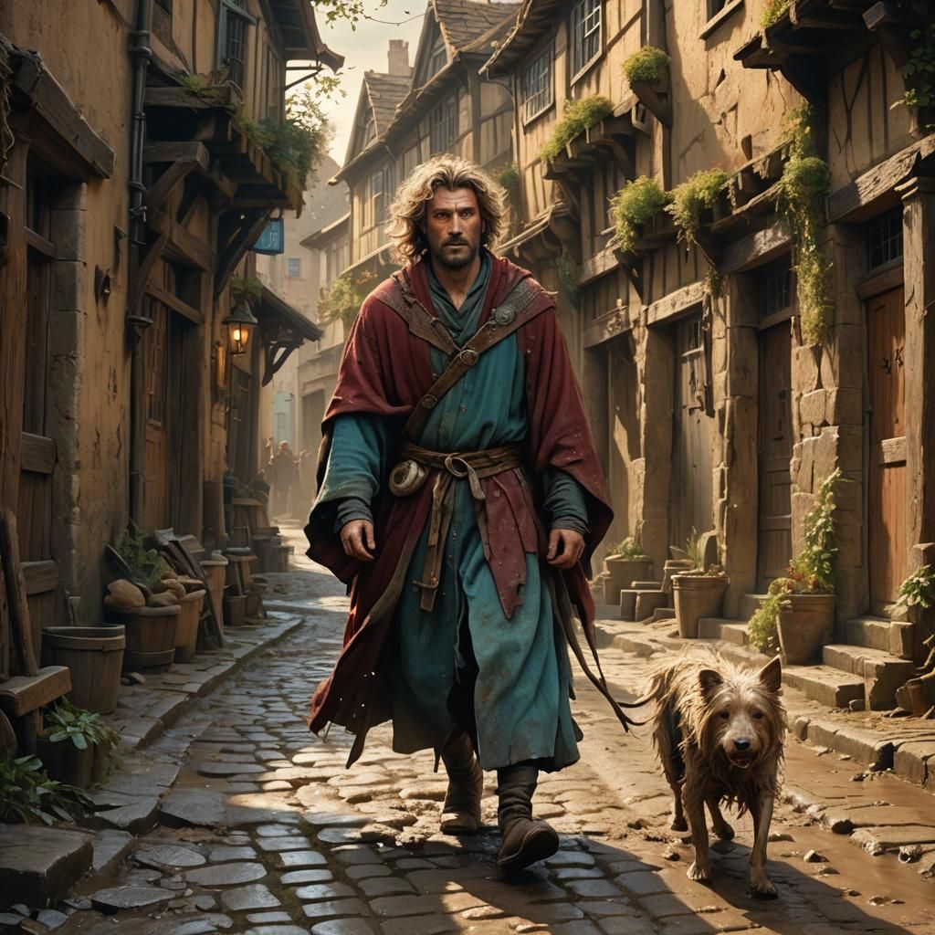 Medieval Street Scene with Man and Dog