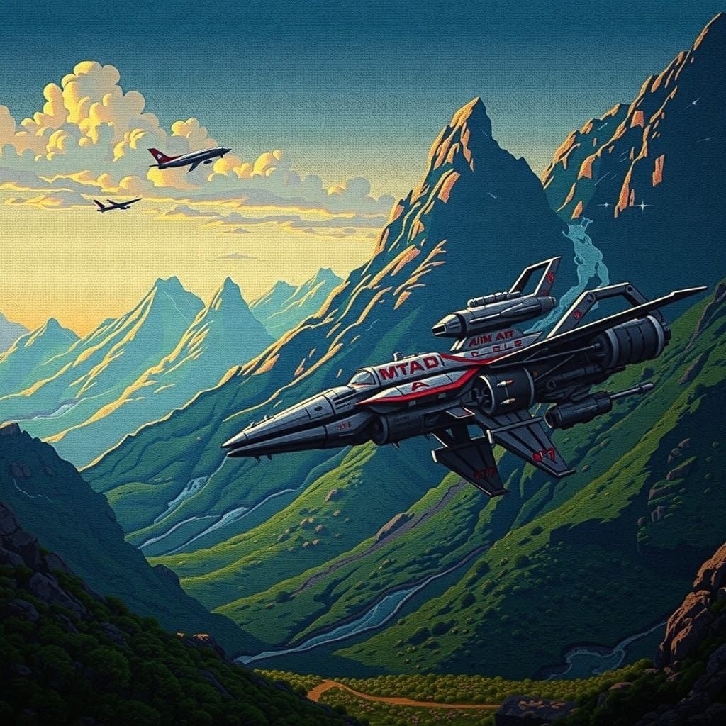 Anime-Inspired Needlepoint Tapestry of Majestic Mountains an...