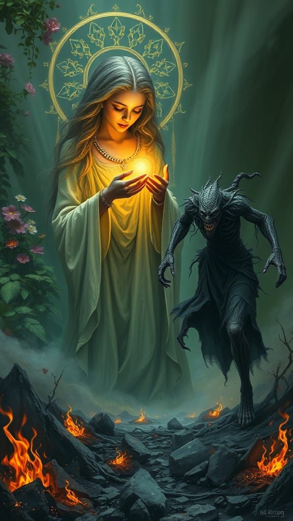 Mystical Guardian and Dark Fugitive in Eerie, Dreamlike Land...