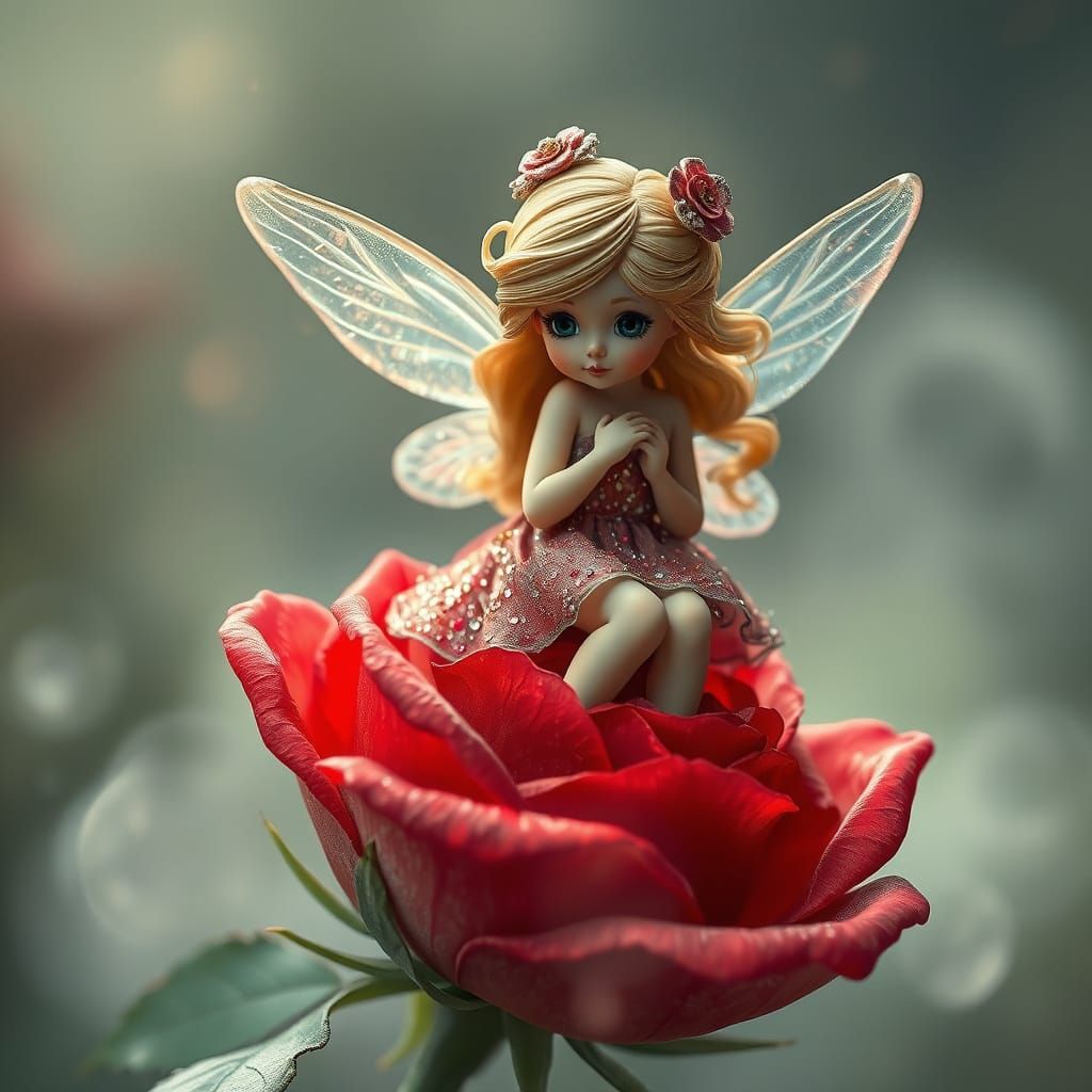 Close-up, but a red rose. on the flower sits a little magica...