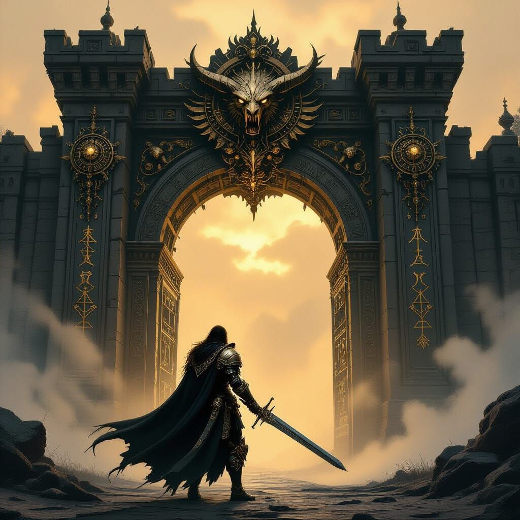 Paladin Guarding Gate with Steampunk Elements