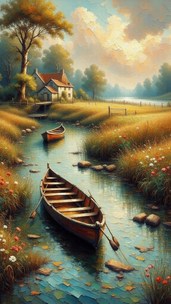 Impasto Rowboats on River in 1800s Ireland