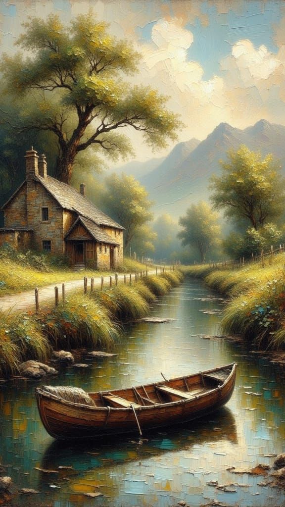 Rowboat on Irish River in Impasto Style