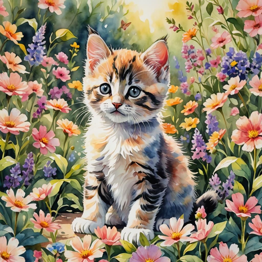 Kitten in Flower Garden: Whimsical Watercolor Art