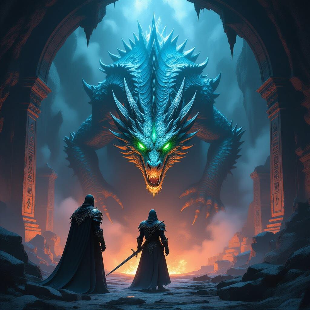 Knight Faces Bio-Luminescent Dragon in Gothic Cavern