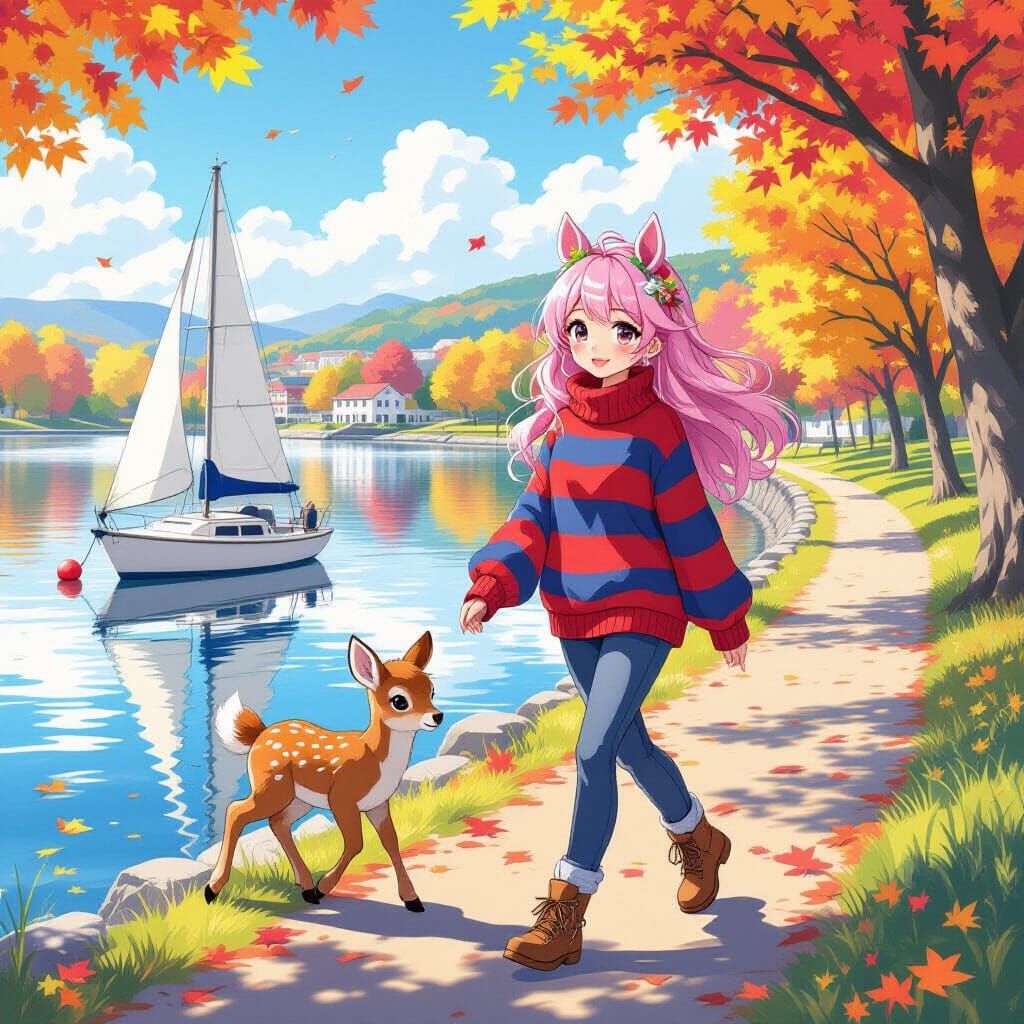 Anime Girl with Horse Ears and Fawn in Autumn Scenery