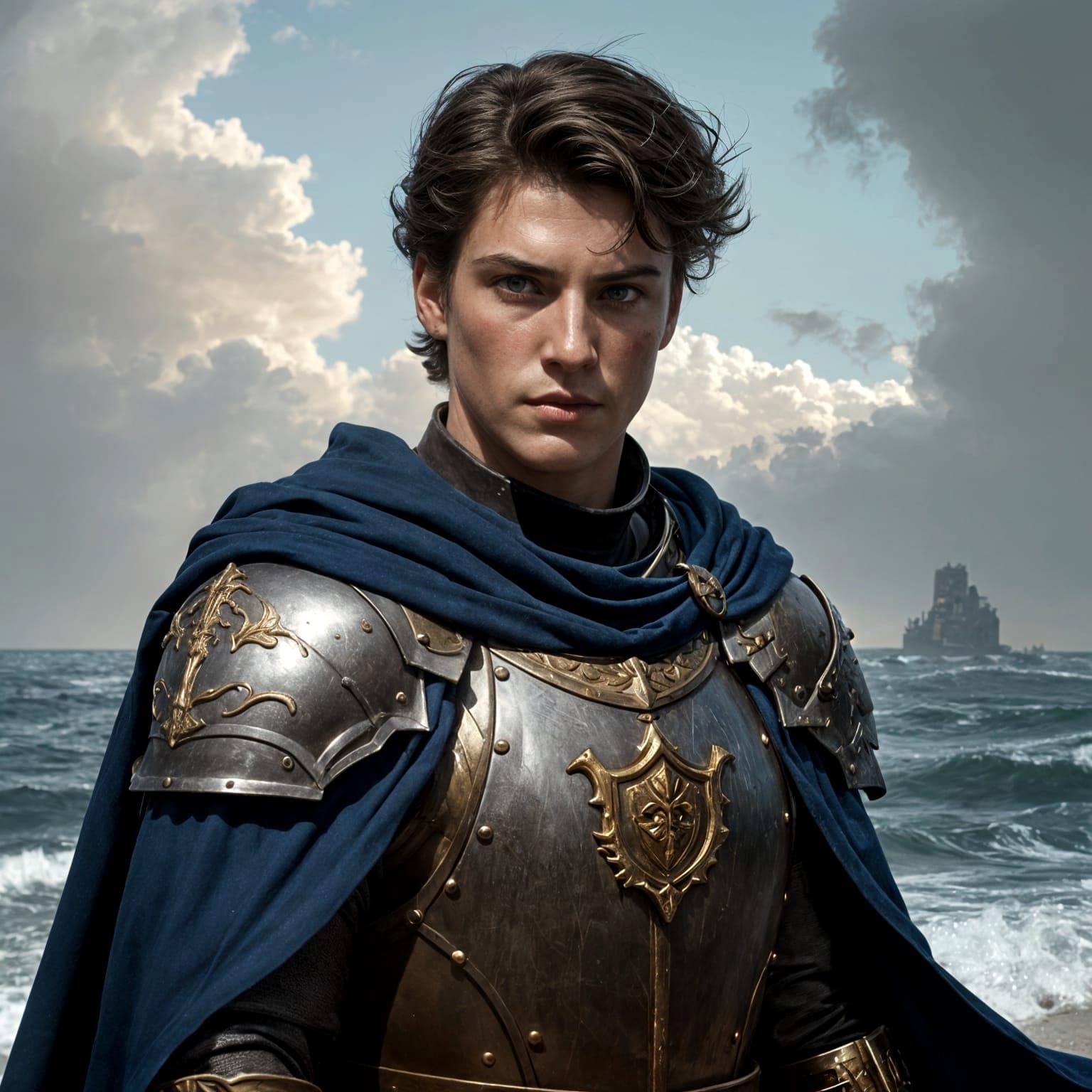 Medieval Knight with Tower Emblem, Shadowy Realistic Style