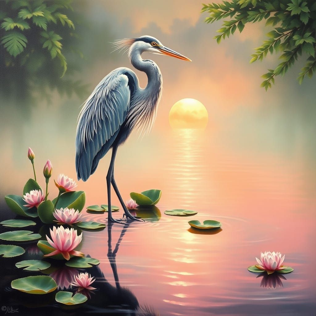 Ethereal Heron in Sunrise Serenity