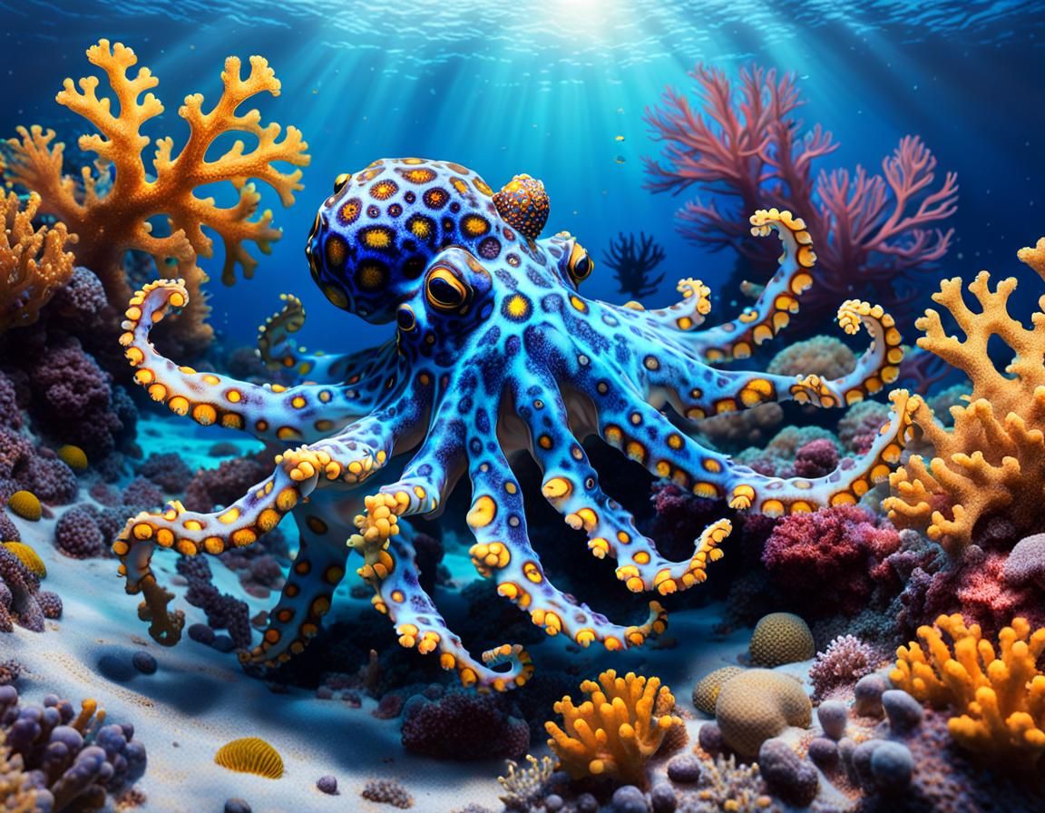 Glowing Blue-Ringed Octopus Underwater in Hyperrealism