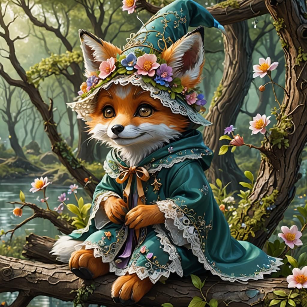 Whimsical Wizard Fox in Forest, Digital Painting