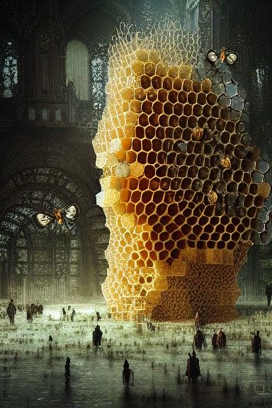 Honeycomb Bee Cathedral: Surreal Dripping Honey Illustration