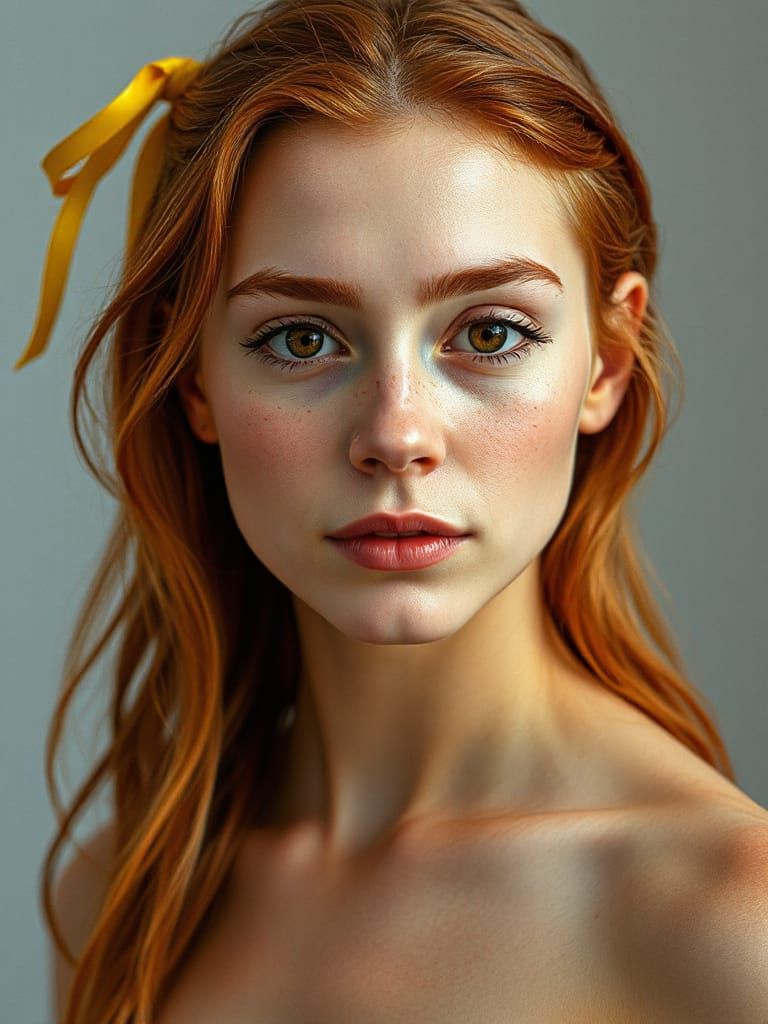 Young Woman with Freckles and Flowing Red Hair