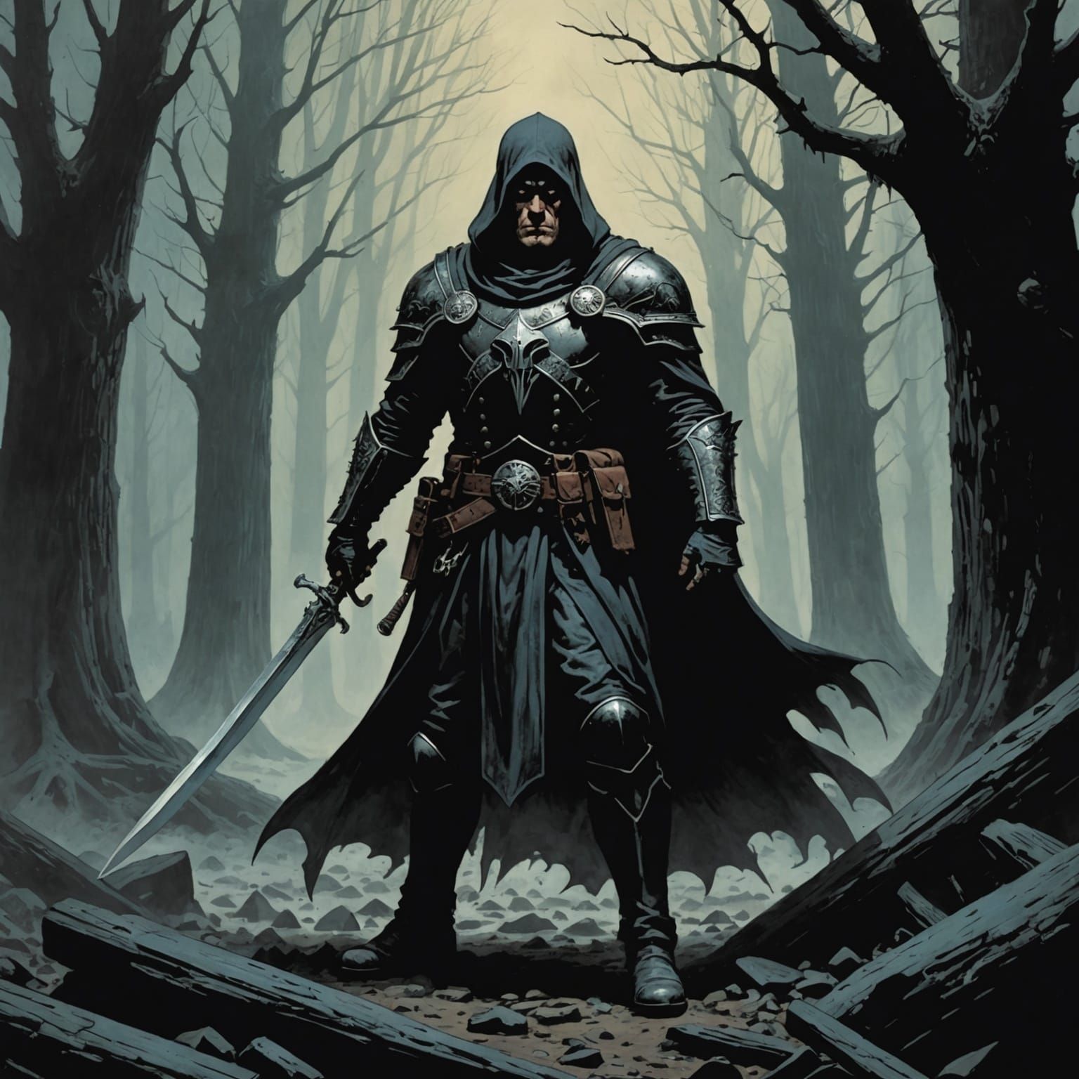 Grimdark Scene in Hal Foster Style