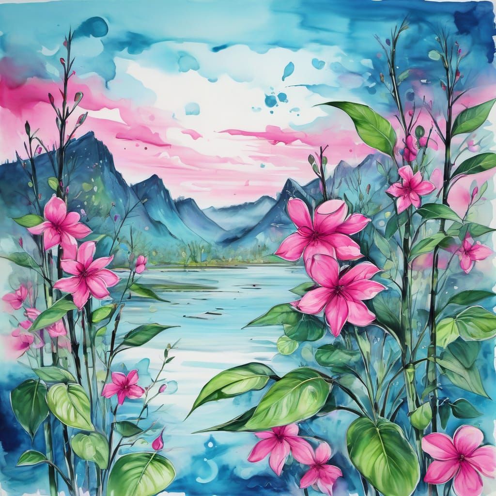 Surreal Provincial Landscape Painting in Abstract Ink Style