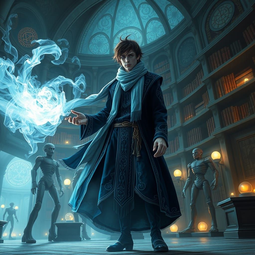 Mystical Warlock Conjures Aurora in Grand Library