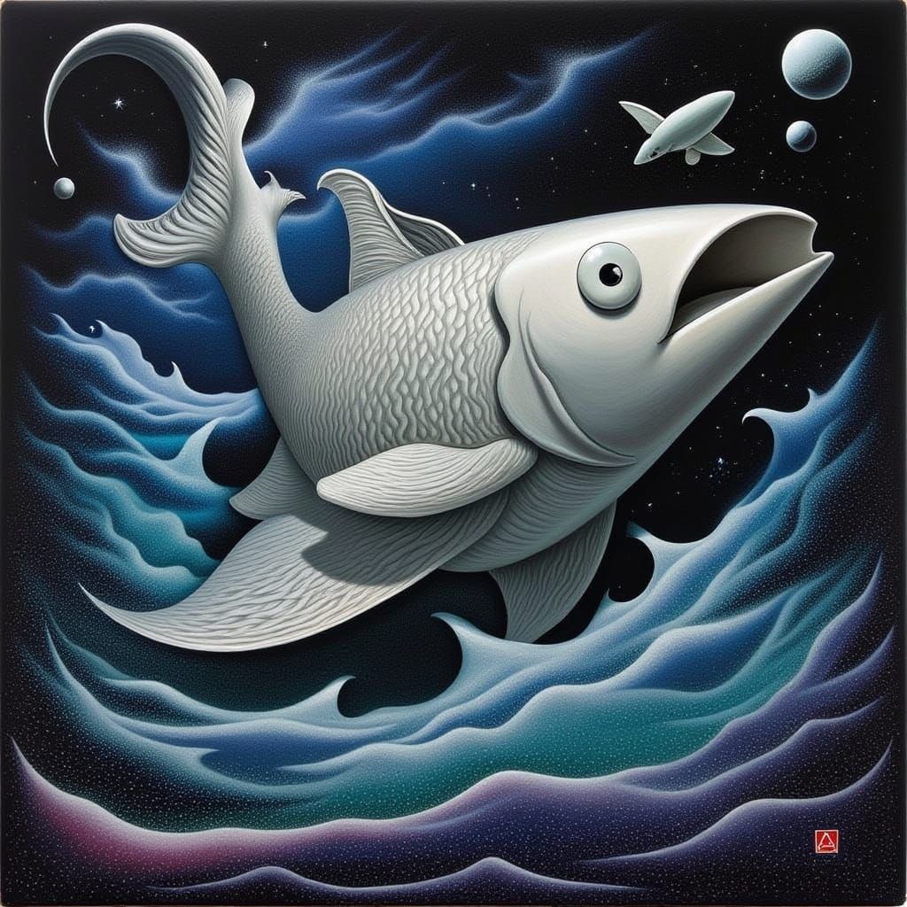 Iridescent Fish Sculpture in Cosmic Nebula