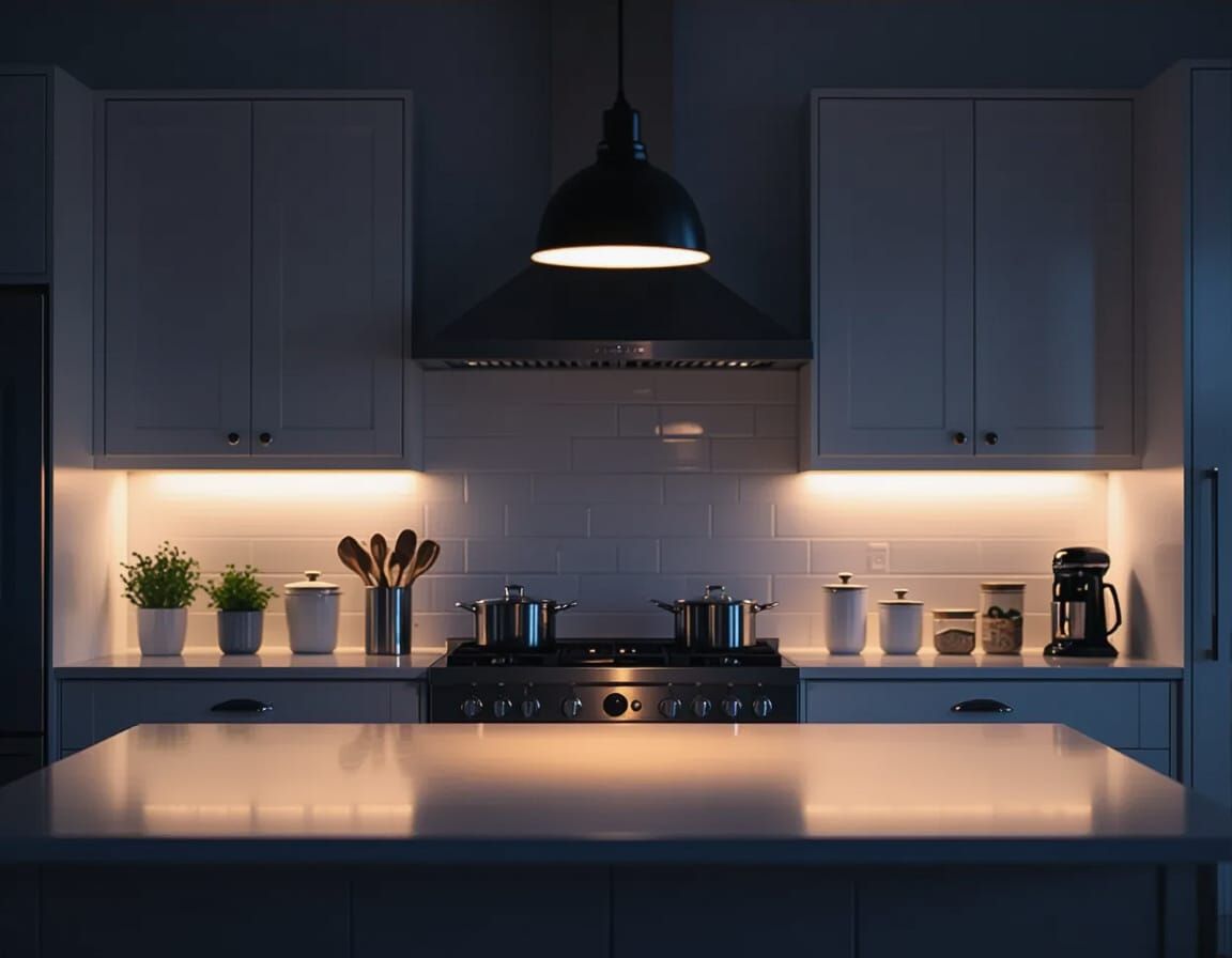 Serene Tidy Kitchen at Dusk with Ambient Lighting