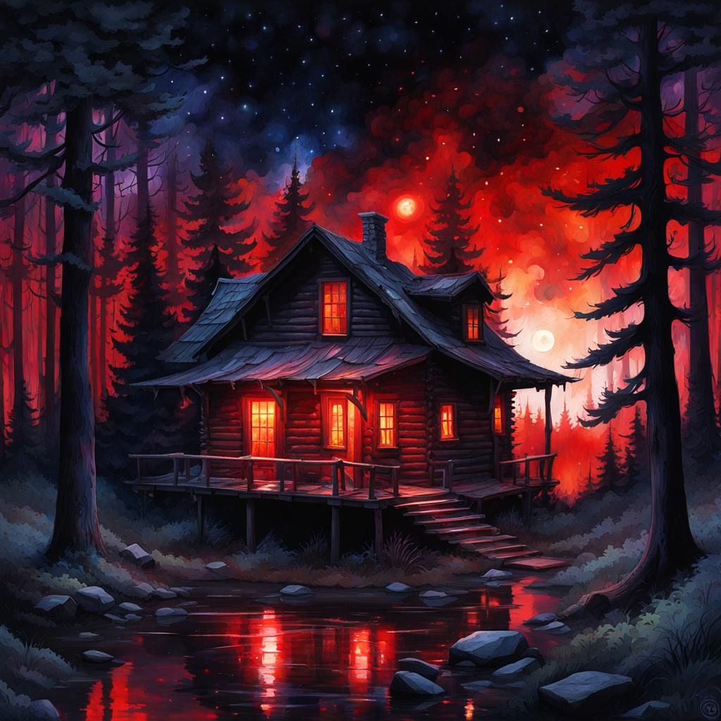 Sinister Red Forest in Digital Watercolor