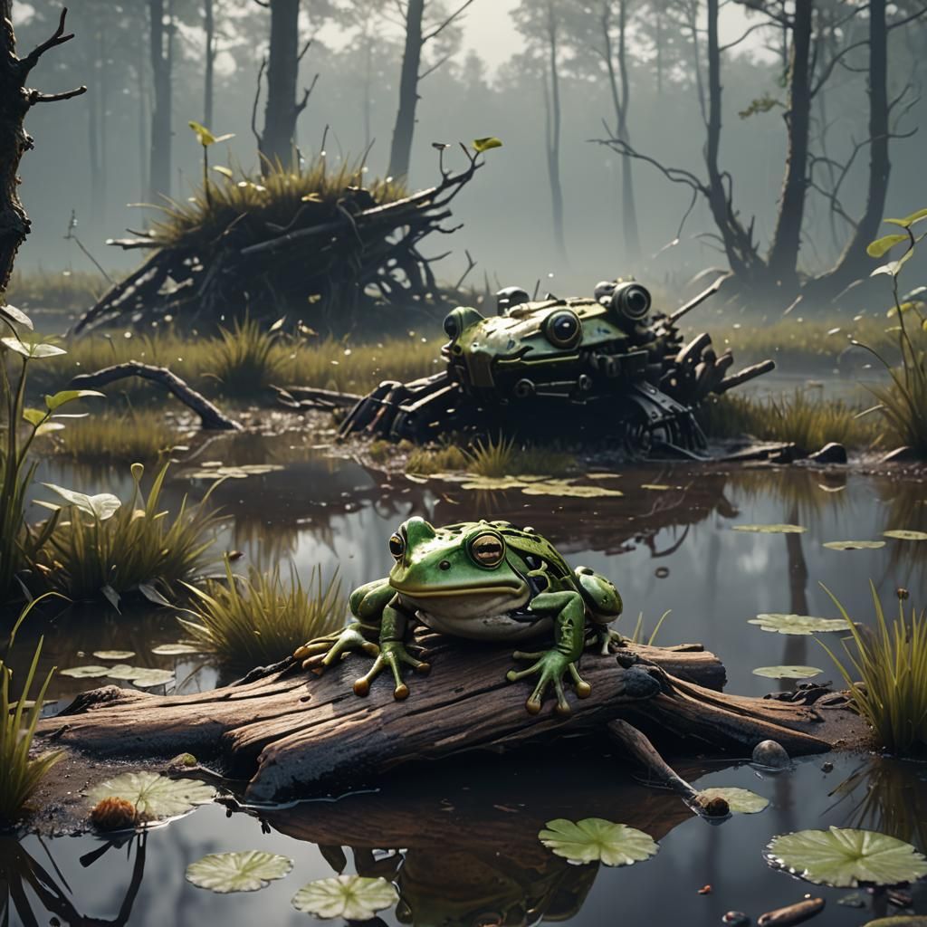 Futuristic Frog in a Bog with Tadpoles
