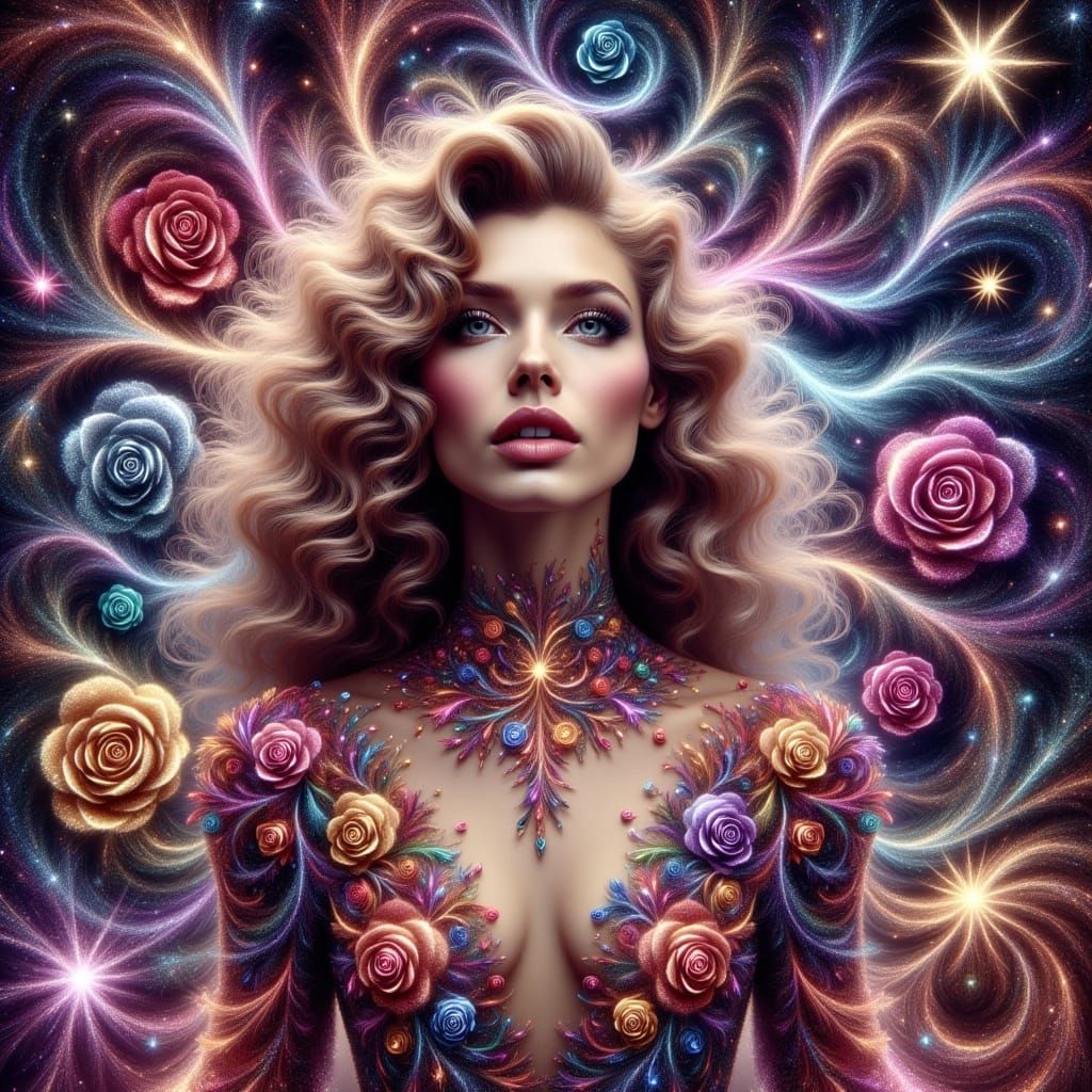 Enchanting Woman in Kaleidoscopic Nebula Oil Painting