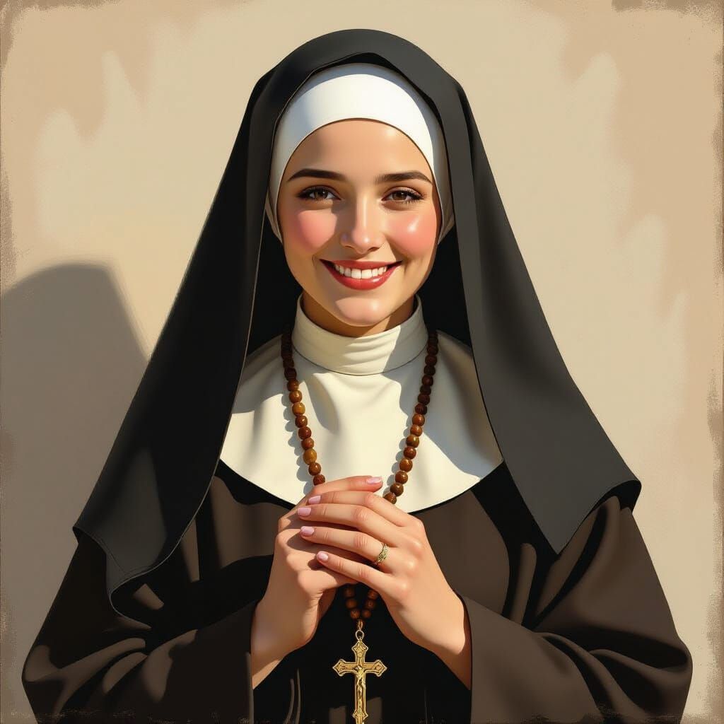 Beautiful Nun with Rosary in American Realism Style