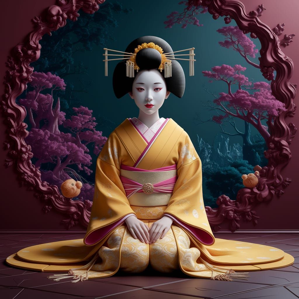 Geisha in Yellow Outfit, Detailed Matte Painting