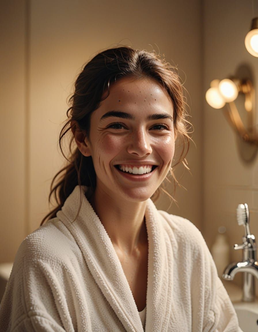 Serene Morning Moment: A Woman Smiles in Soft Light