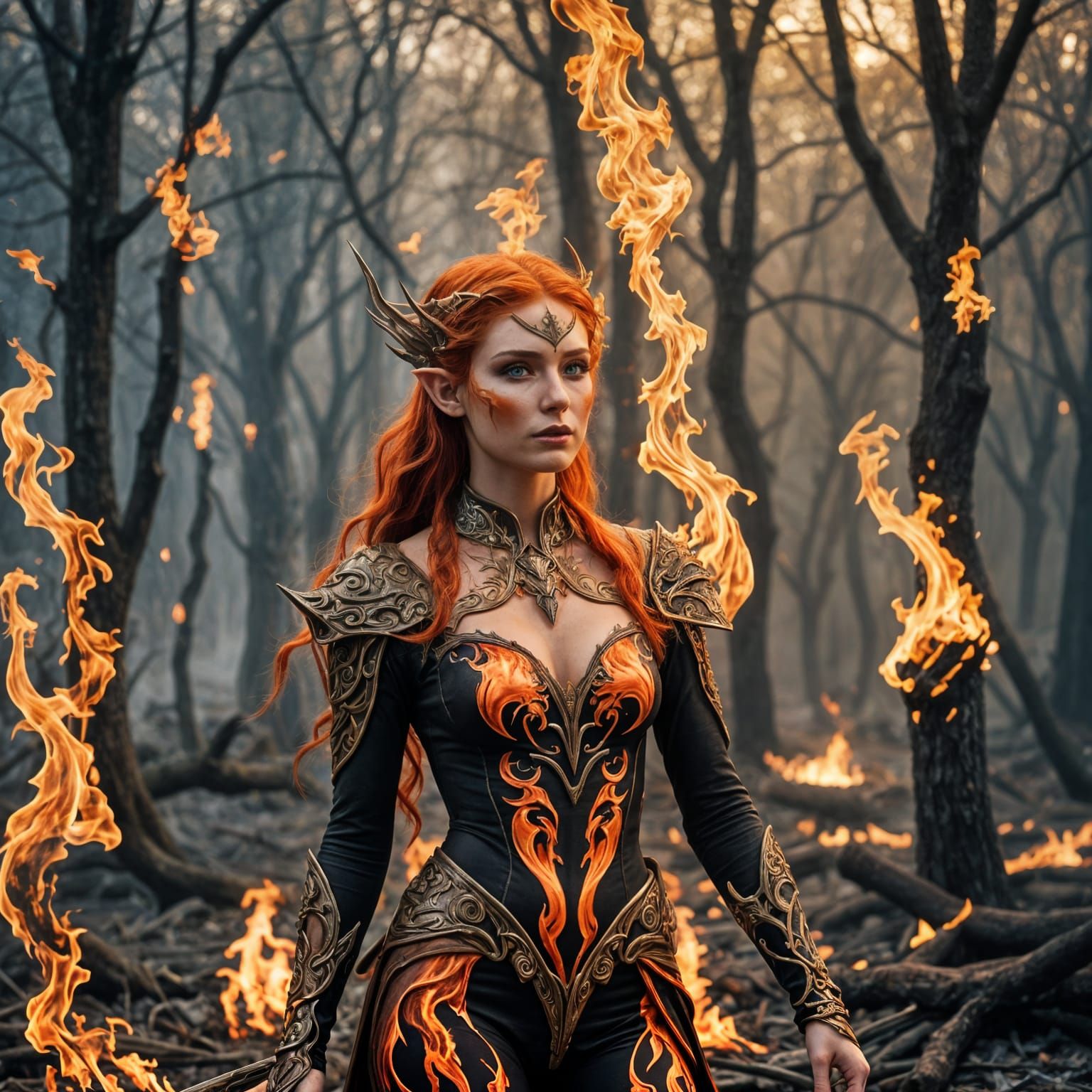 Fiery Redhead Elf with Flames Bodypaint