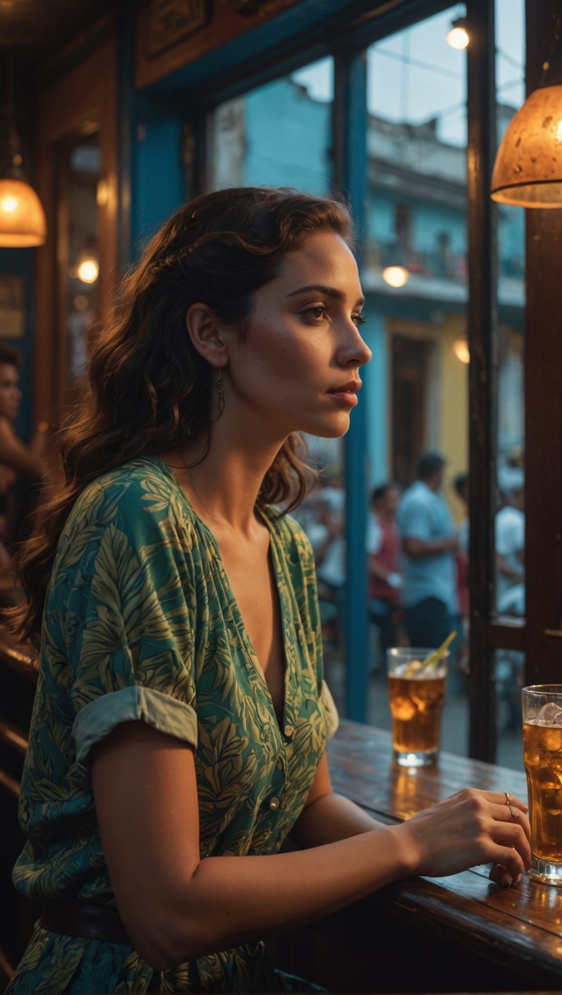 Beautiful Woman Gazing out Window in Cuba Bar