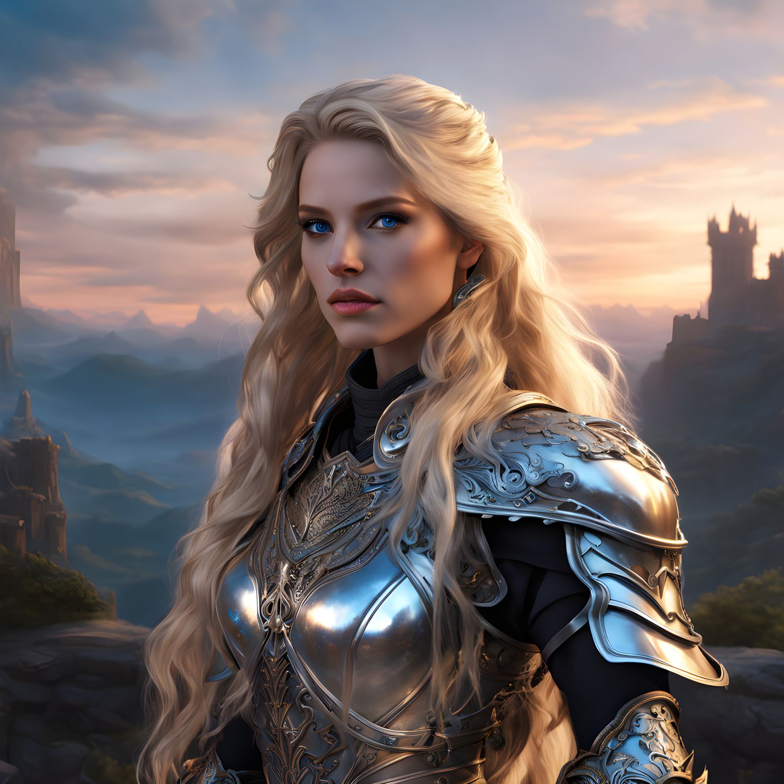 Majestic Blonde Warrior in Silver Armor