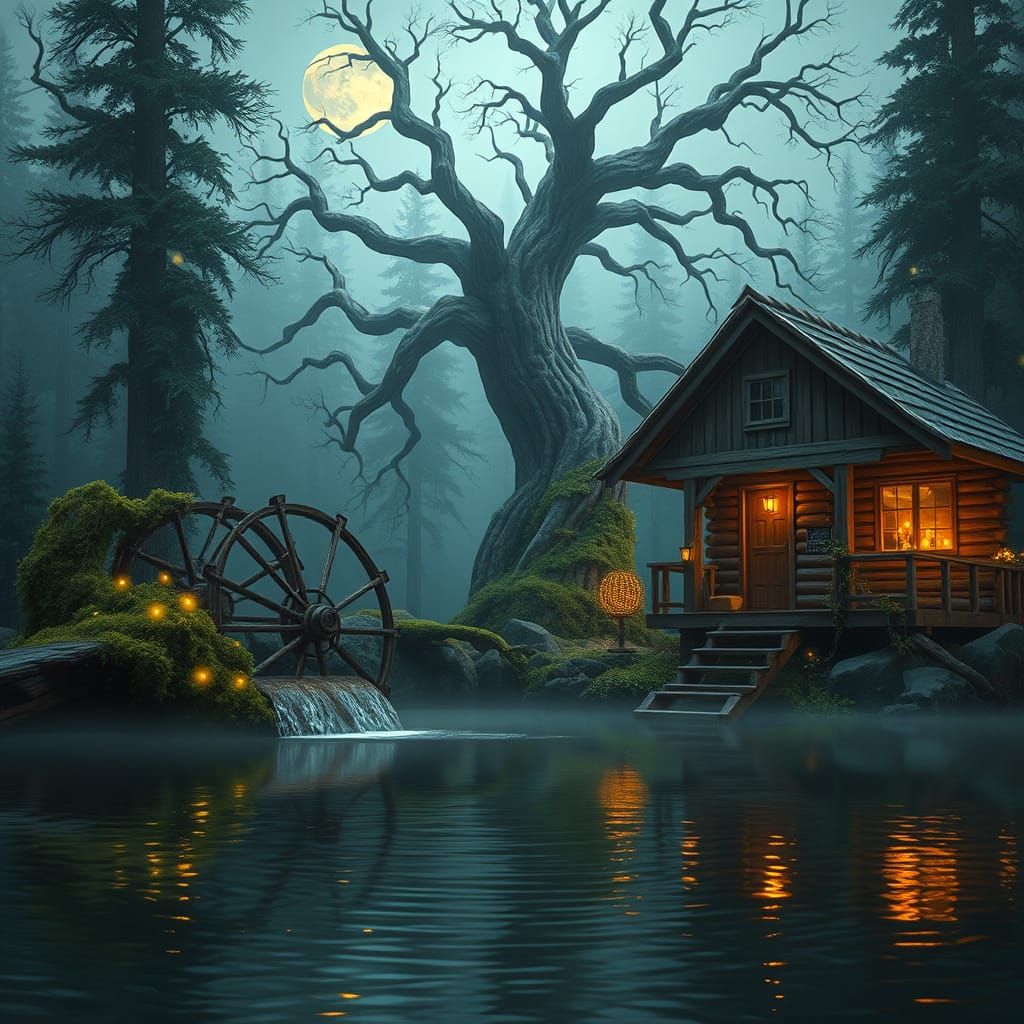 Waterwheel Serenity in a Fantastical Forest