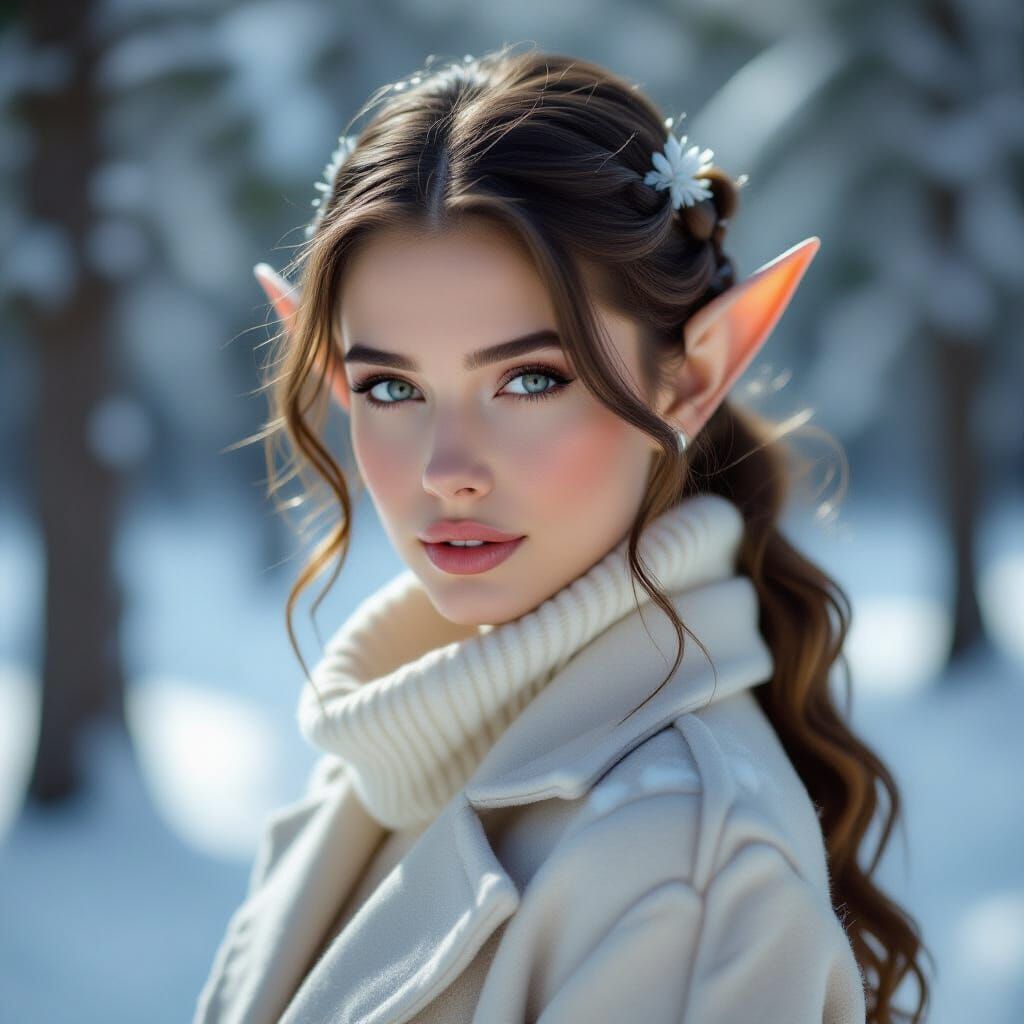 Elf Woman in Winter Forest, Photorealistic Style
