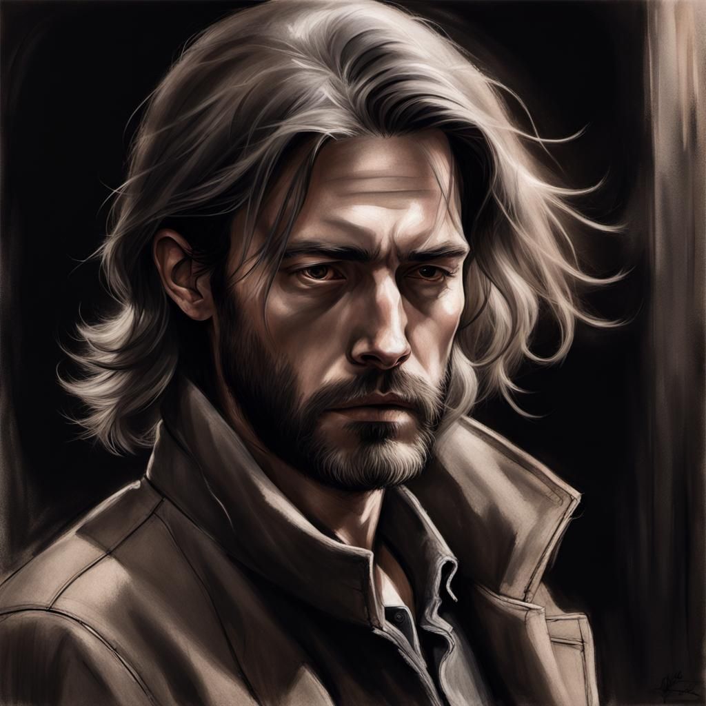 Moody Charcoal Portrait in Rainy Alley, Rembrandt Lighting